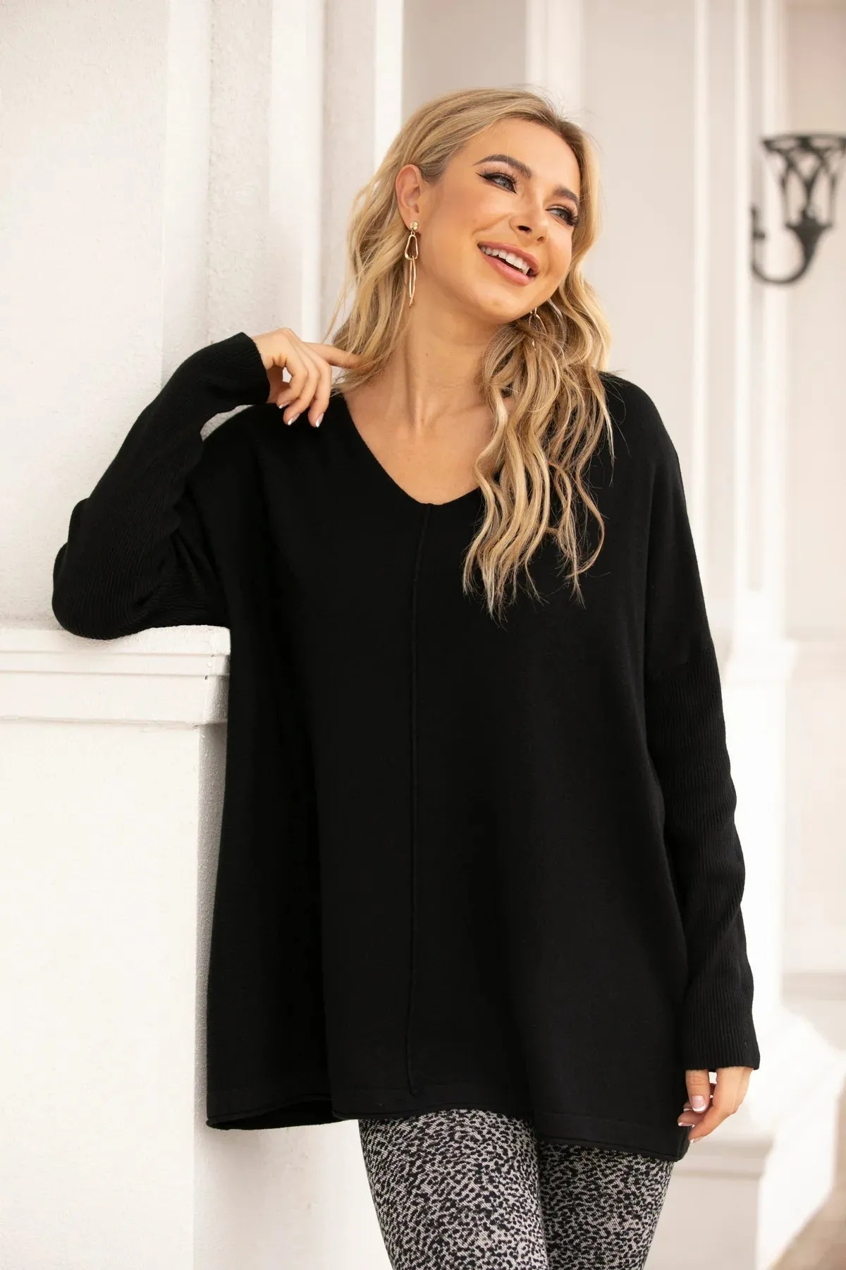 Fashion Island Zig-Zag Cashmere Feel Tunic in Black