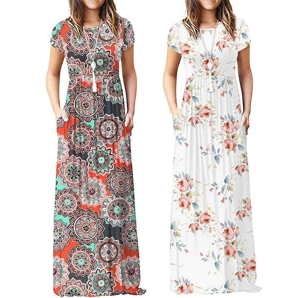 FashionSierra - Summer Short Sleeve Long Dress Floral Print Boho Beach Dress Tunic Maxi Dress