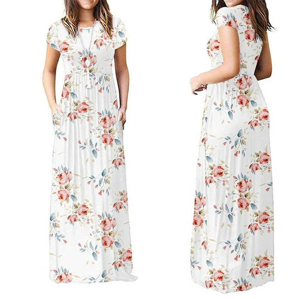 FashionSierra - Summer Short Sleeve Long Dress Floral Print Boho Beach Dress Tunic Maxi Dress