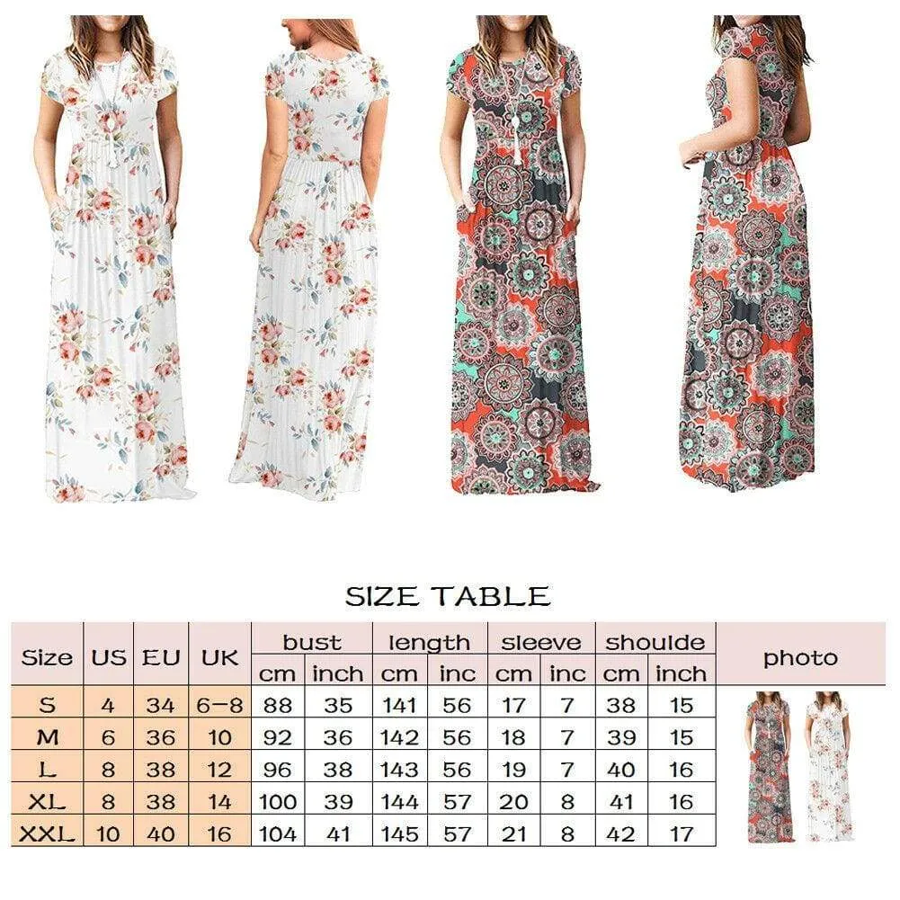 FashionSierra - Summer Short Sleeve Long Dress Floral Print Boho Beach Dress Tunic Maxi Dress