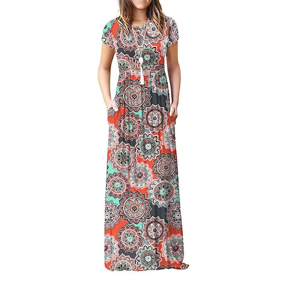 FashionSierra - Summer Short Sleeve Long Dress Floral Print Boho Beach Dress Tunic Maxi Dress