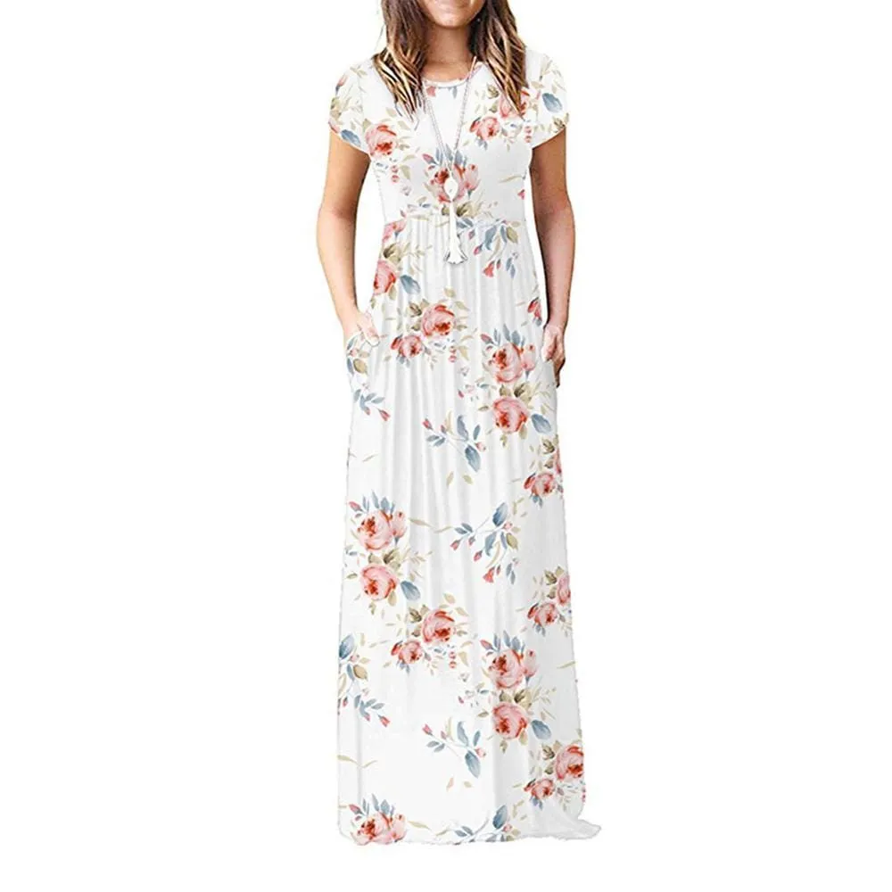 FashionSierra - Summer Short Sleeve Long Dress Floral Print Boho Beach Dress Tunic Maxi Dress