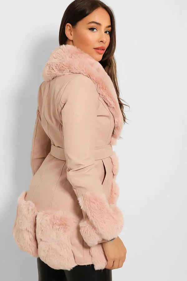 FAUX FUR TRIM BELTED LEATHER LOOK PINK JACKET