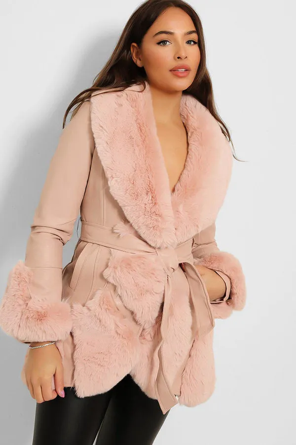 FAUX FUR TRIM BELTED LEATHER LOOK PINK JACKET