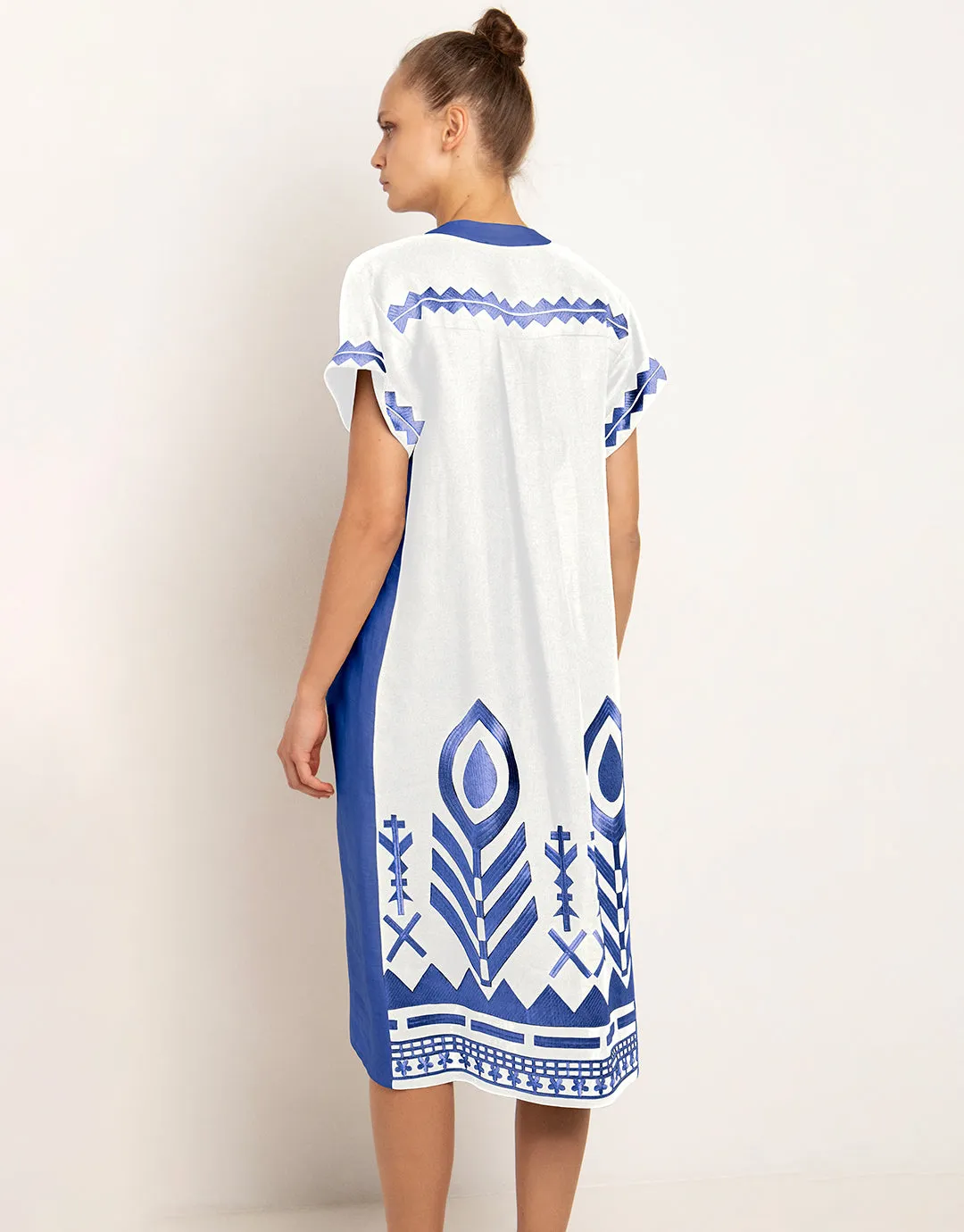 Feathers Kaftan Tunic - White and Blue