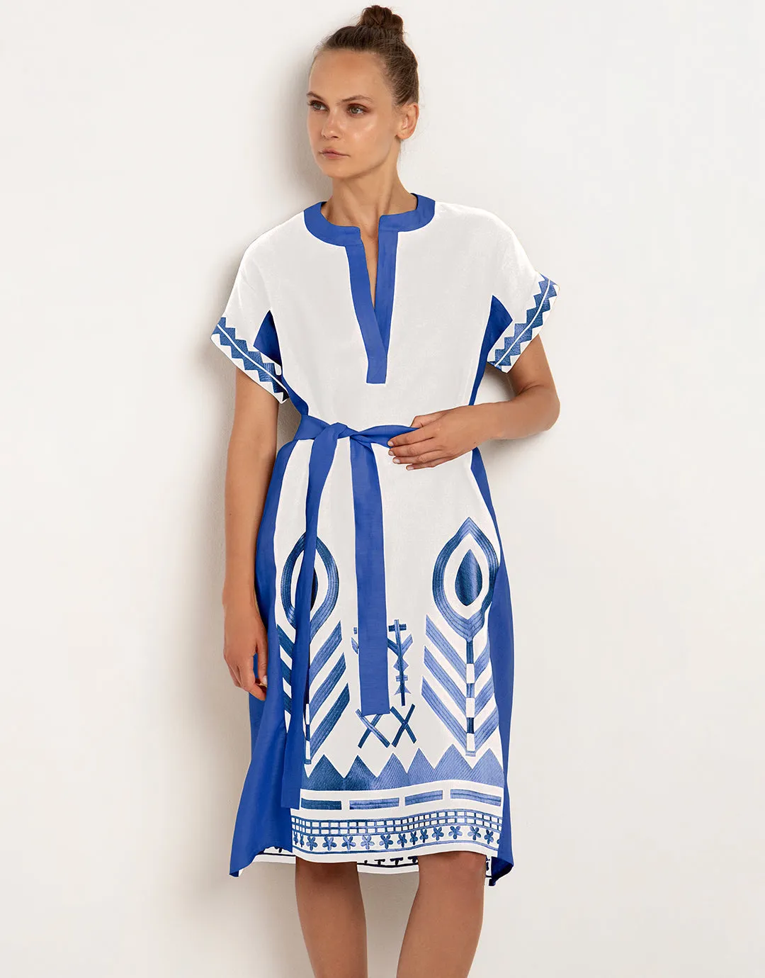 Feathers Kaftan Tunic - White and Blue