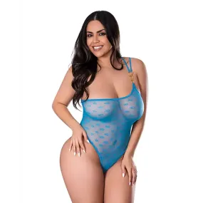 Flirty Hearts One Shoulder Thong Teddy w/Snap Crotch - Blue QN