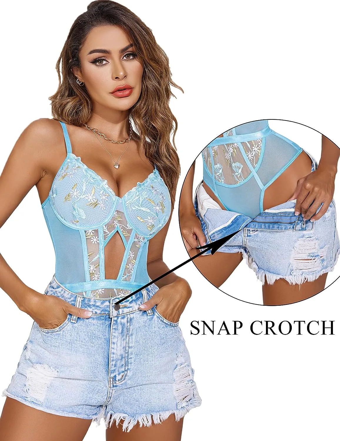 Floral Embroidery Lace Up Bodysuit with Garter Belt