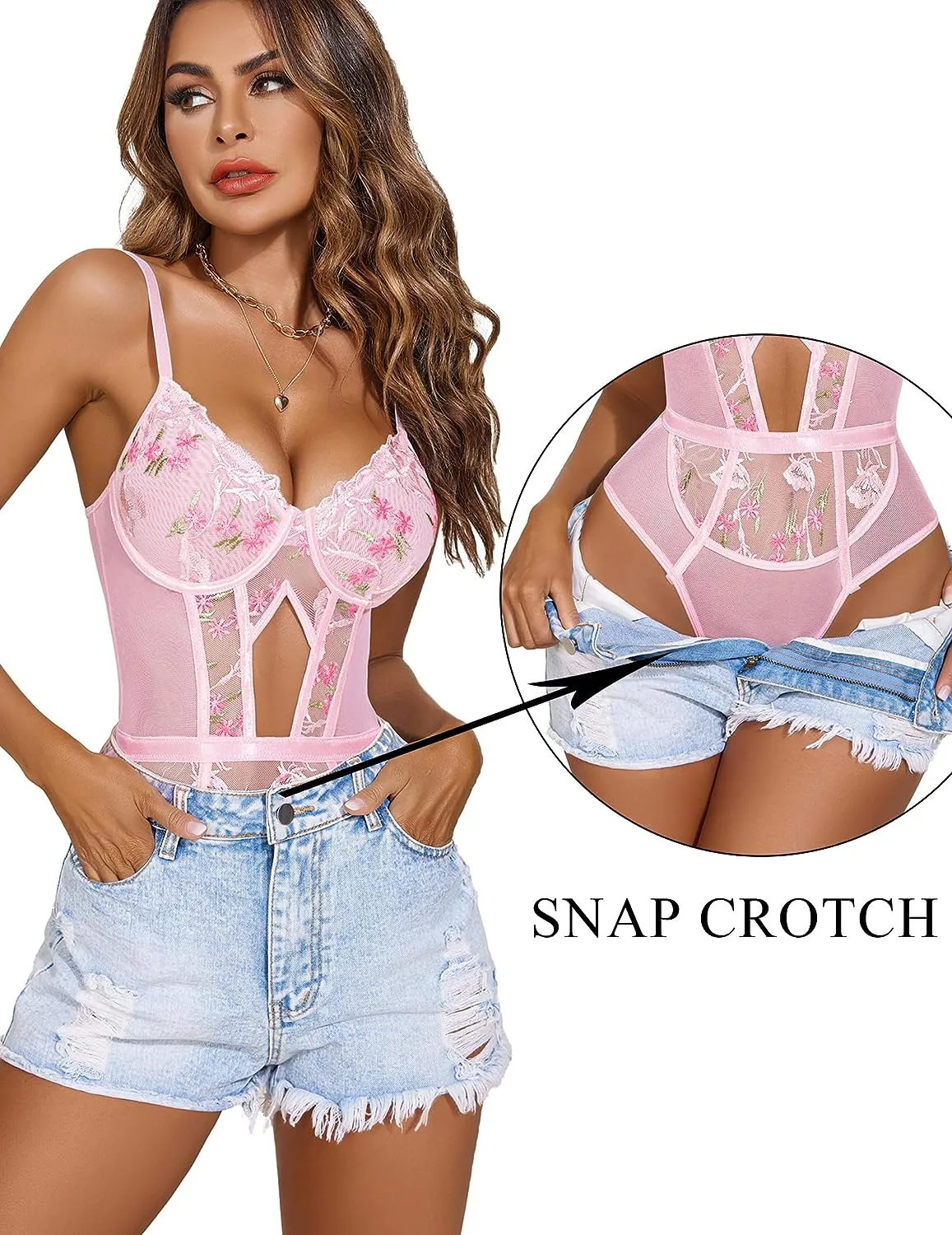 Floral Embroidery Lace Up Bodysuit with Garter Belt