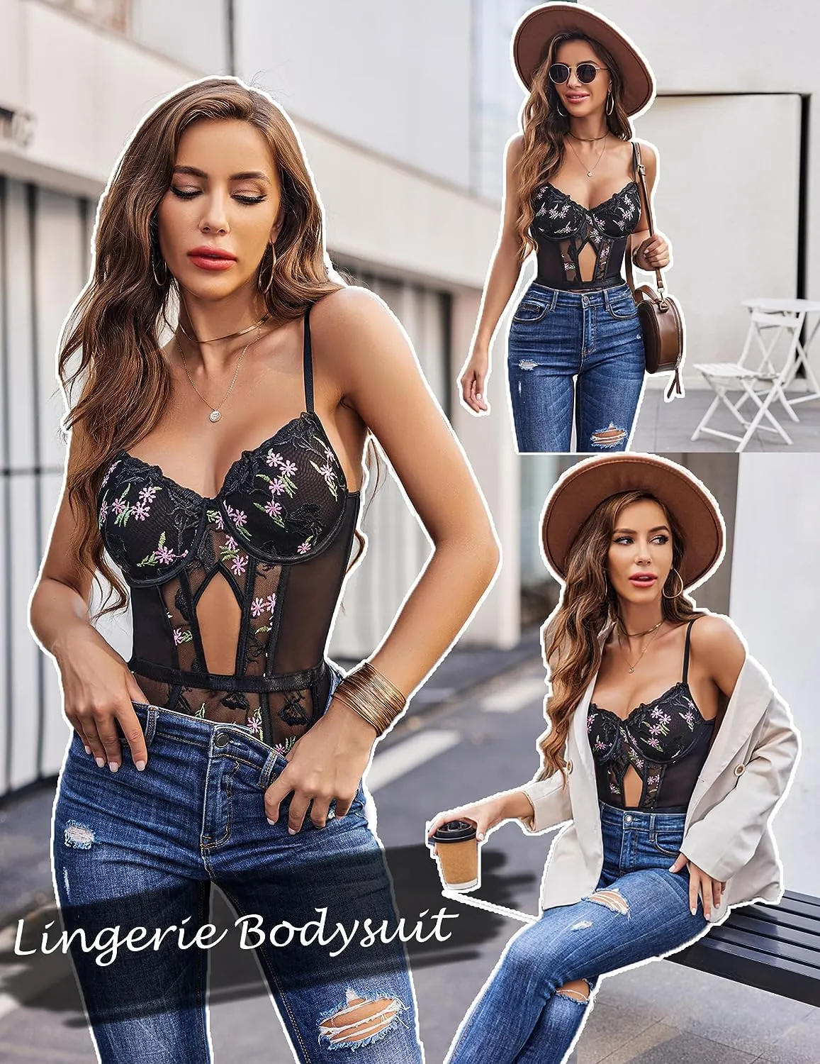 Floral Embroidery Lace Up Bodysuit with Garter Belt