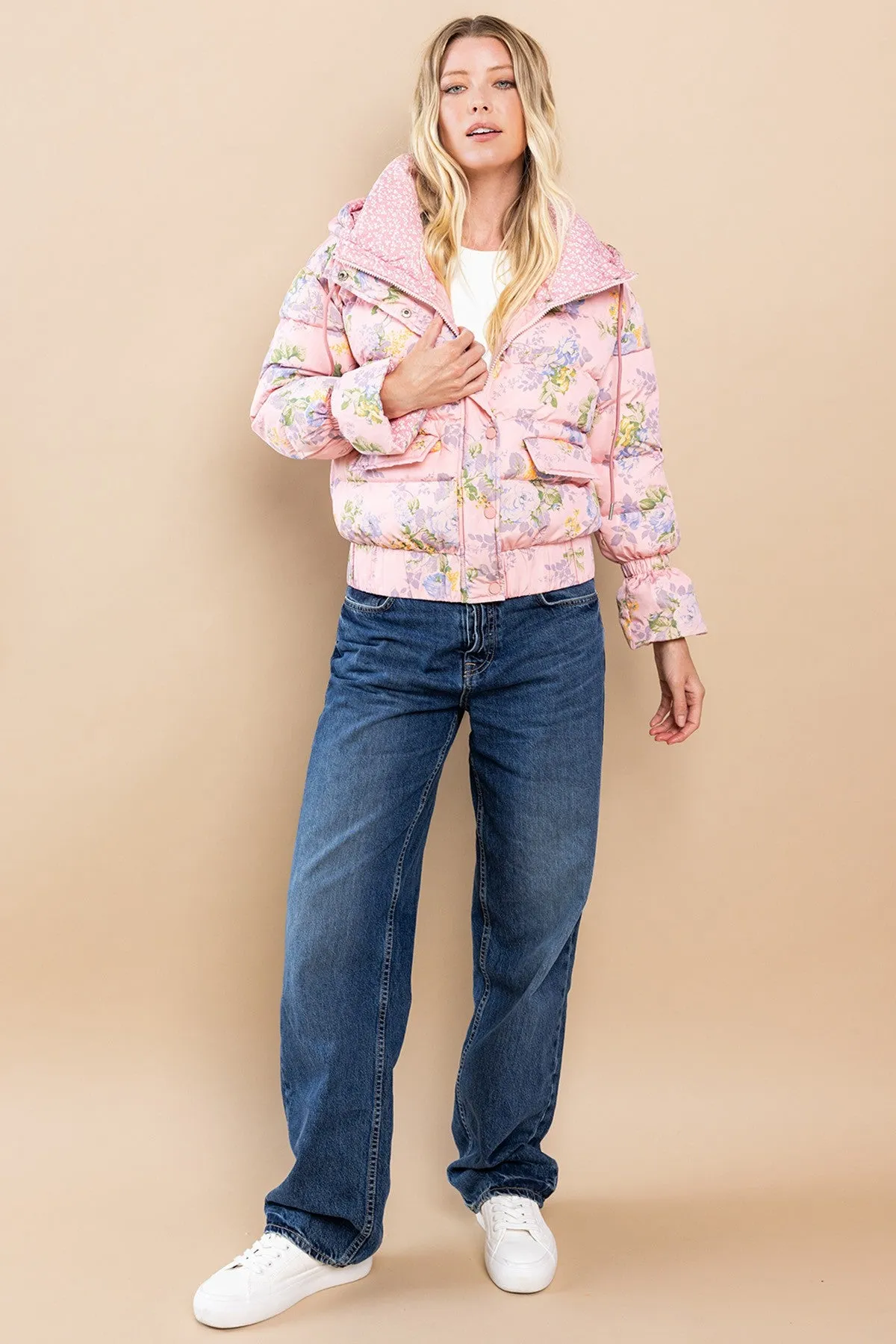 Floral Puffer Jacket in Pink