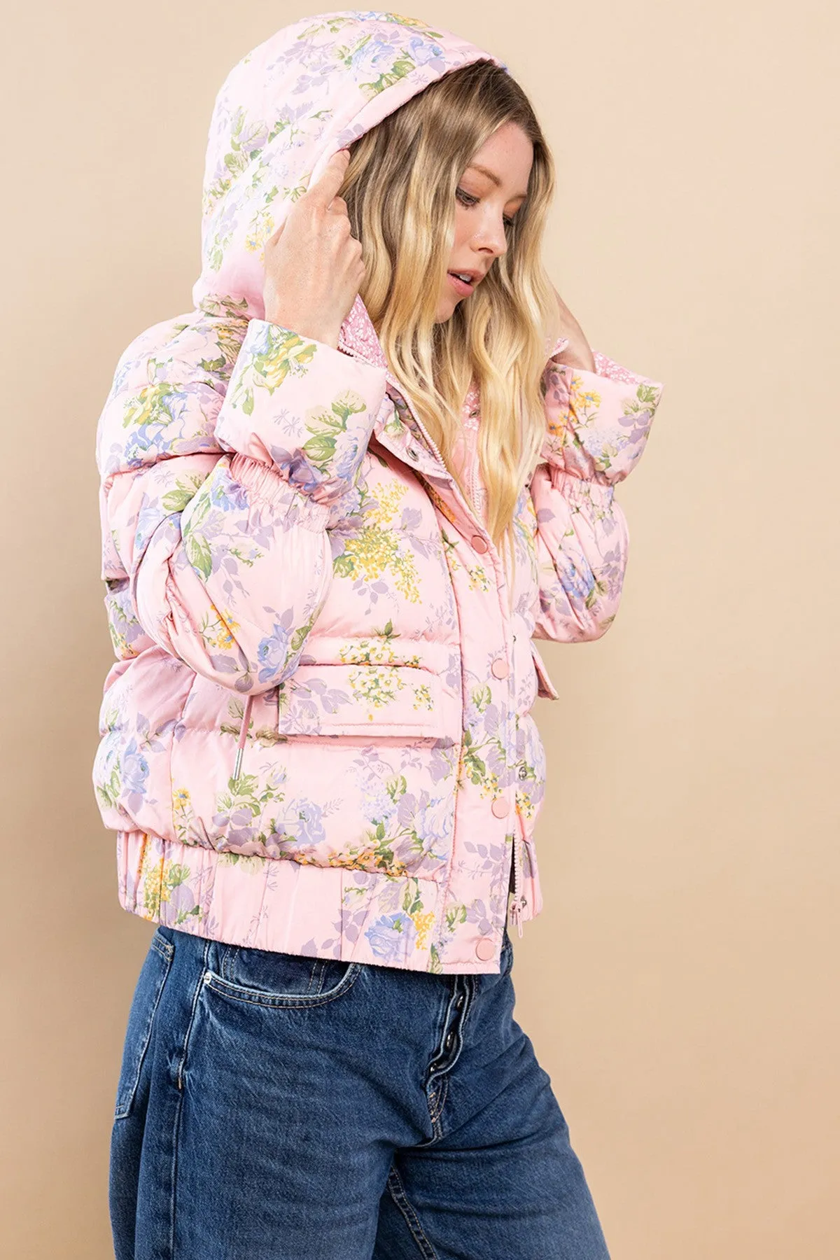 Floral Puffer Jacket in Pink