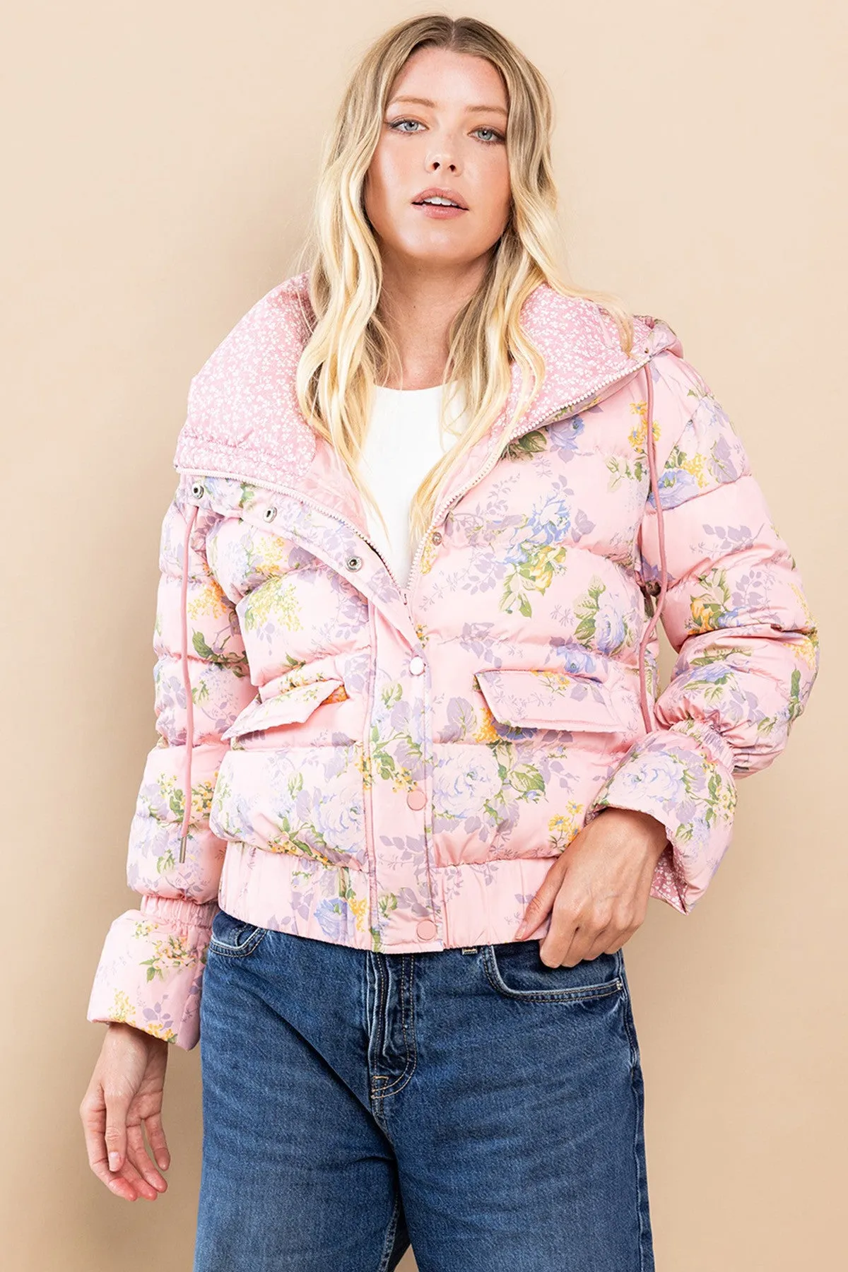 Floral Puffer Jacket in Pink