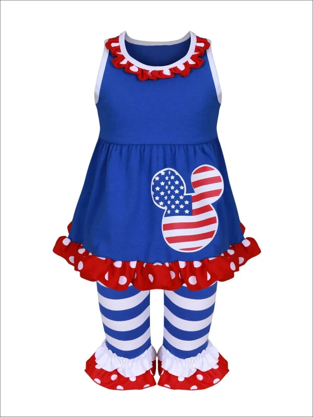 Girls 4th of July Sleeveless Ruffled Polka Dot Mouse Tunic And Striped Flared Ruffled Legging Set