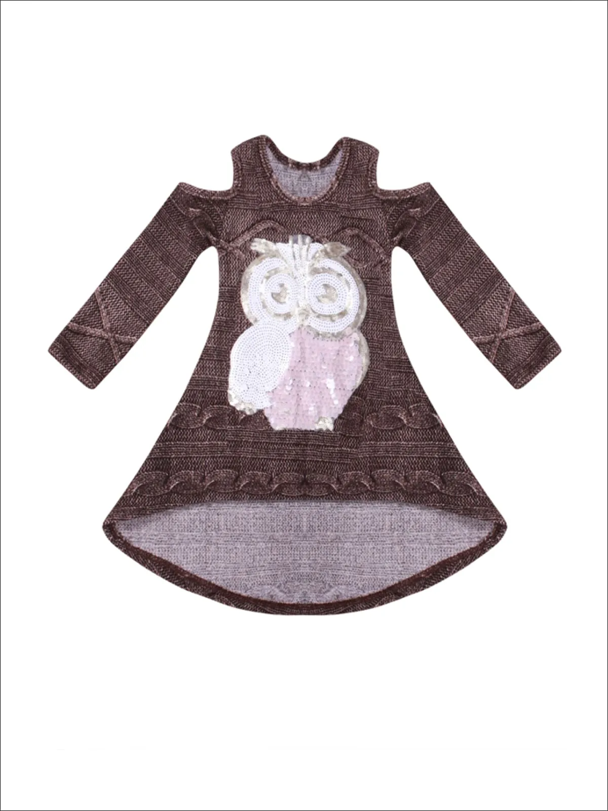 Girls Brown Hi-Lo Long Sleeve Cold Shoulder Cable Knit Tunic with Sequin Owl Applique