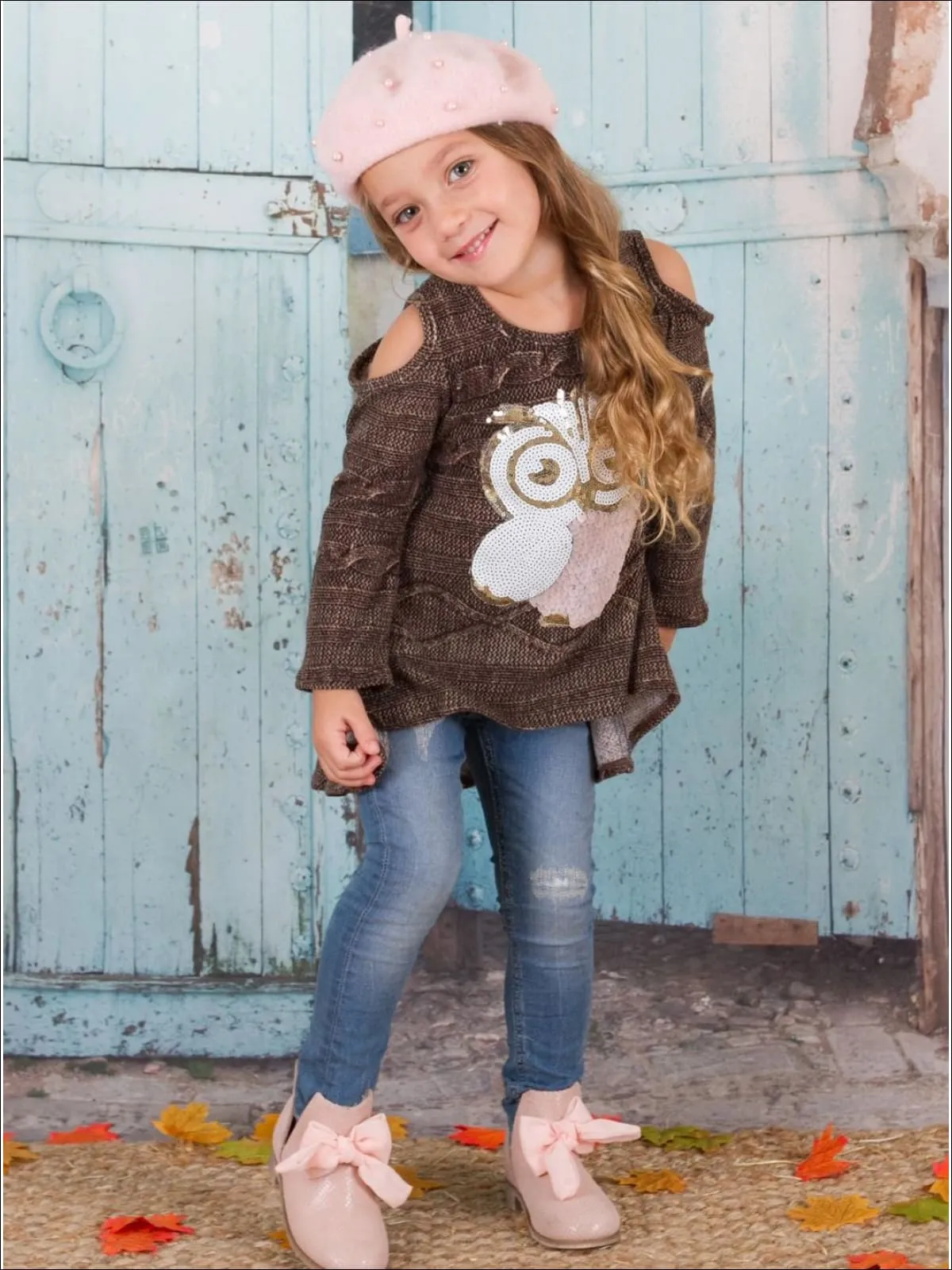 Girls Brown Hi-Lo Long Sleeve Cold Shoulder Cable Knit Tunic with Sequin Owl Applique