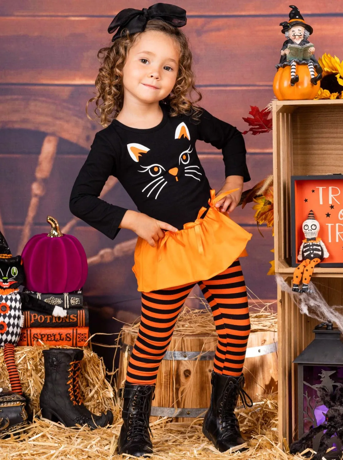 Girls Halloween Themed Long Sleeve Kitty Tunic with Ruffled Hem And Bows And Striped Legging Set