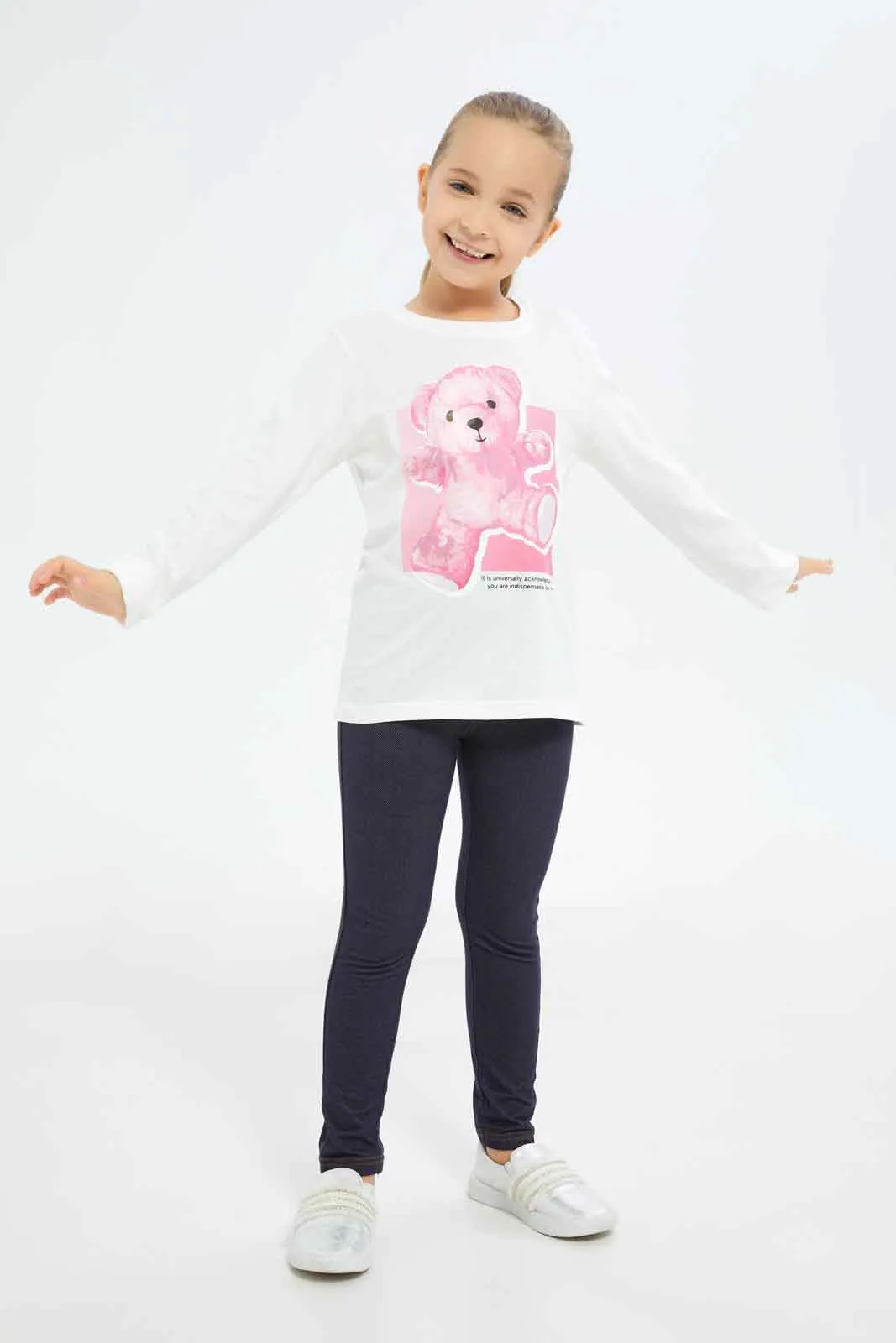 Girls White Teddy Bear T-Shirt