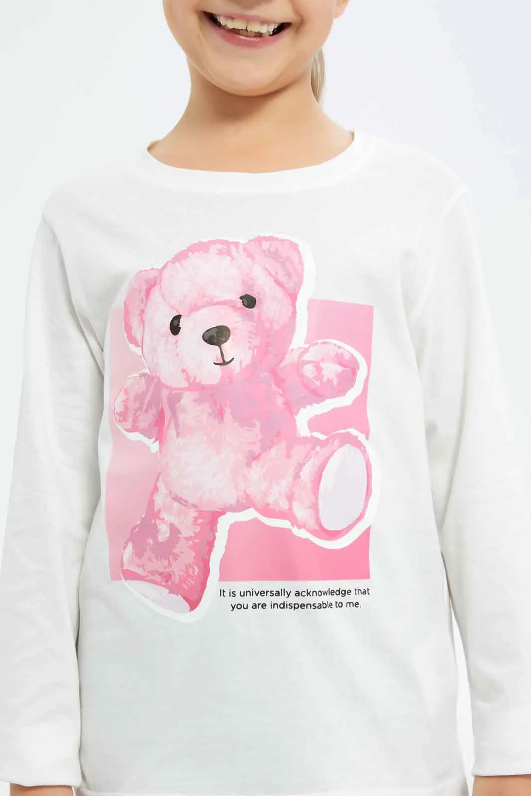 Girls White Teddy Bear T-Shirt