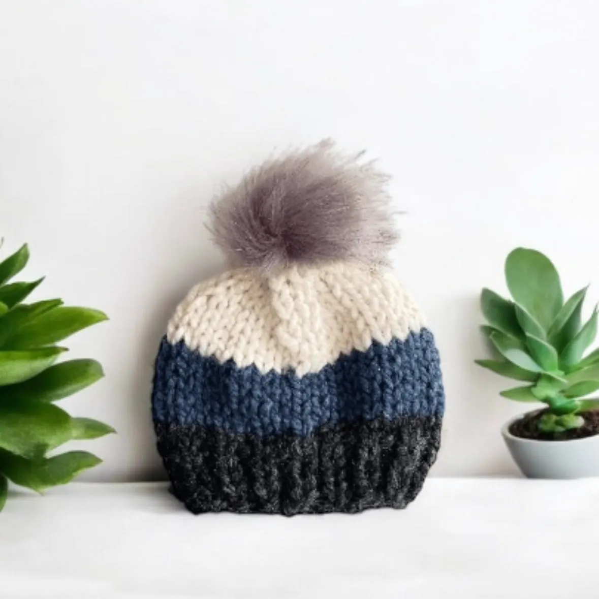 Handknit fur Pom Pom Beanie in blue black white mix| Baby Newborn toddler knit hat | Chunky Beanie |Baby shower photo prop baby gift