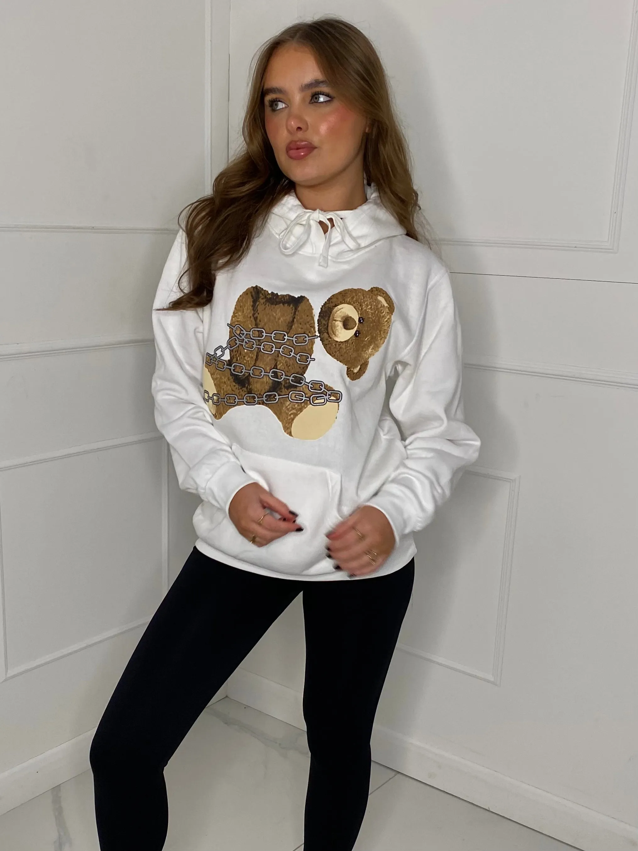 Headless Chain Teddy Print Hoodie - White