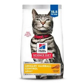 Hill's Science Diet Dry Cat Food, Adult, Urinary & Hairball Control, Chicken Recipe, 15.5 Lb Bag