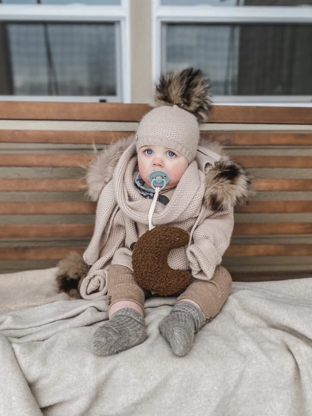 Honeycomb Beige Cashmere Pram Coat with Beige Trim