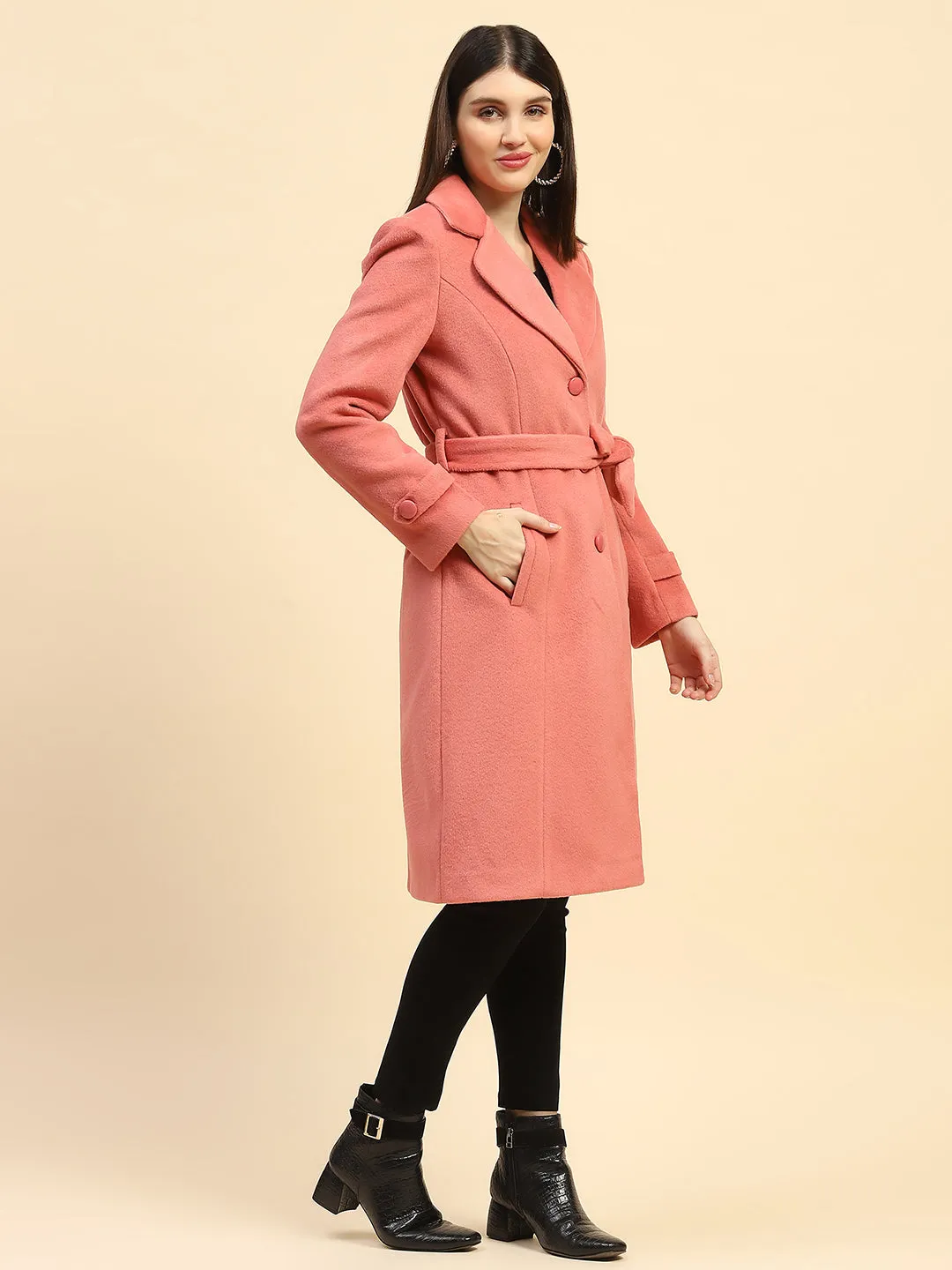 Hot Coral Solid Poly Blend Relaxed Fit Long Coat