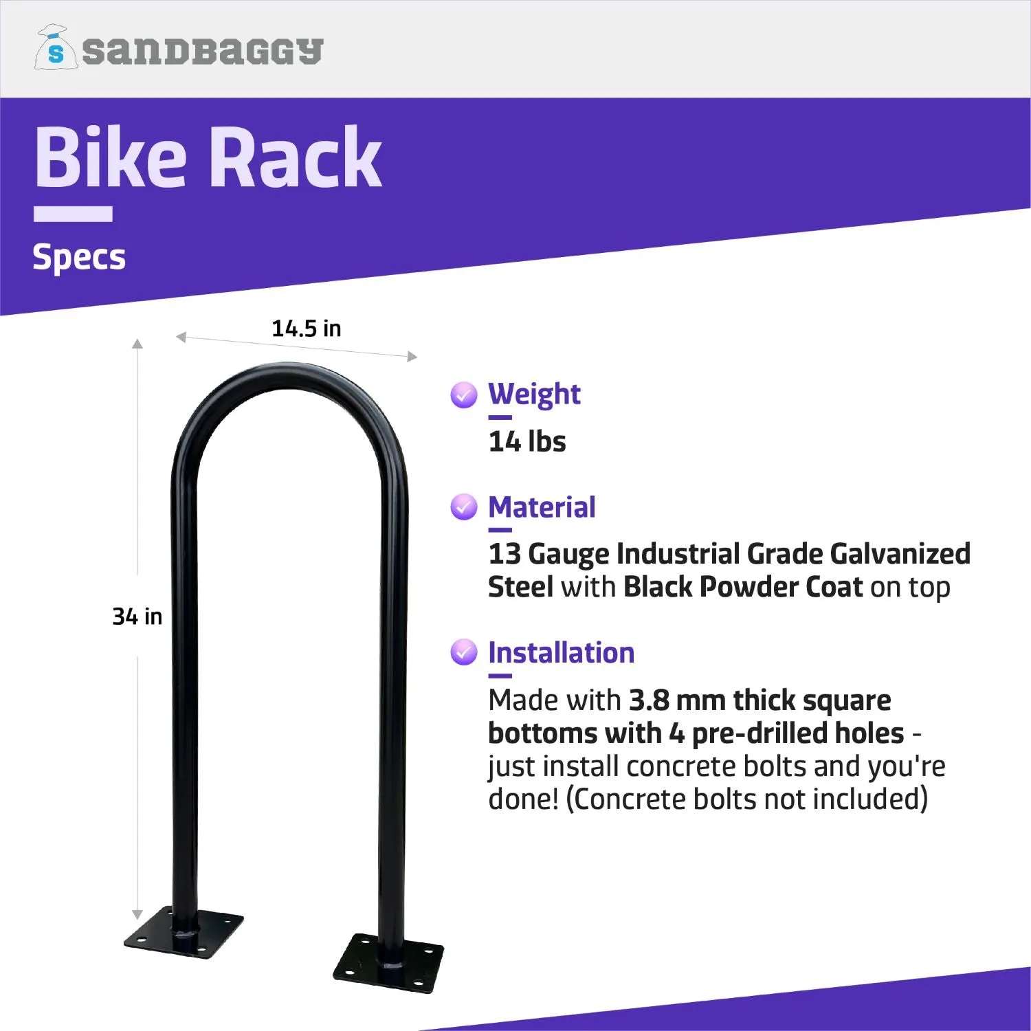 In Ground Bike Rack | U Shaped, Commercial, Outdoor, 1 Loop, Galvanized Steel | Black, 14.5" x 34"