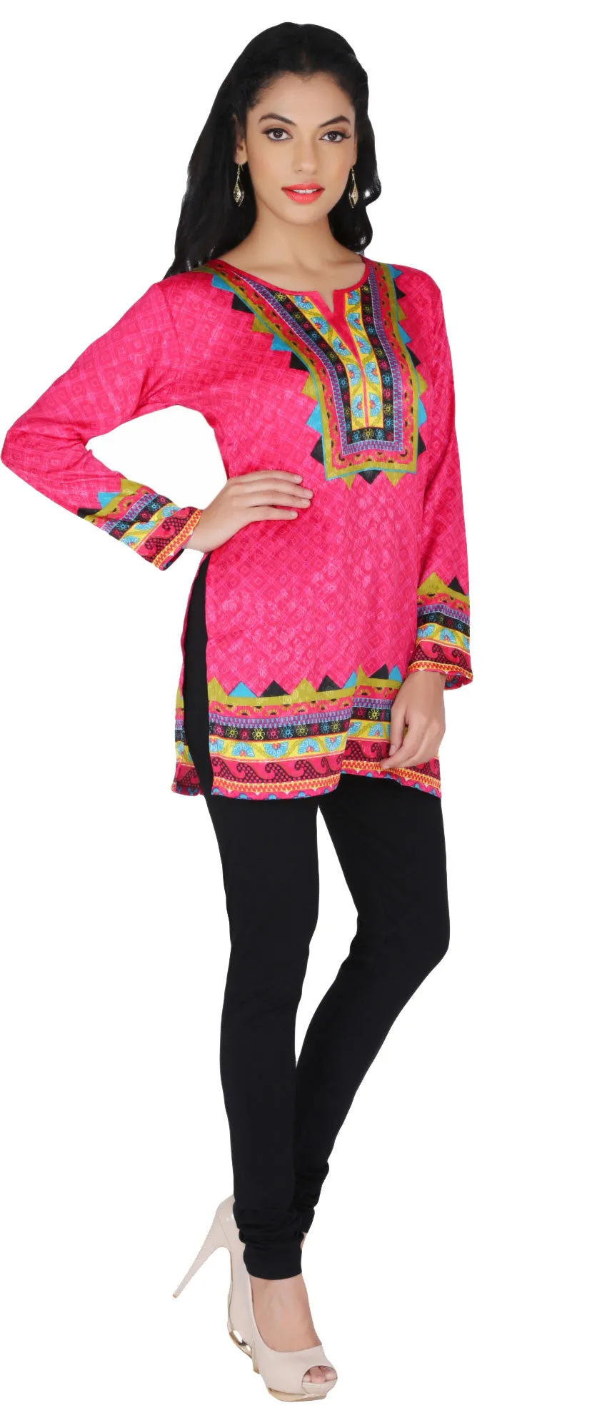 India Long Tunic Top Kurti Womens Printed Indian Apparel (Pink)