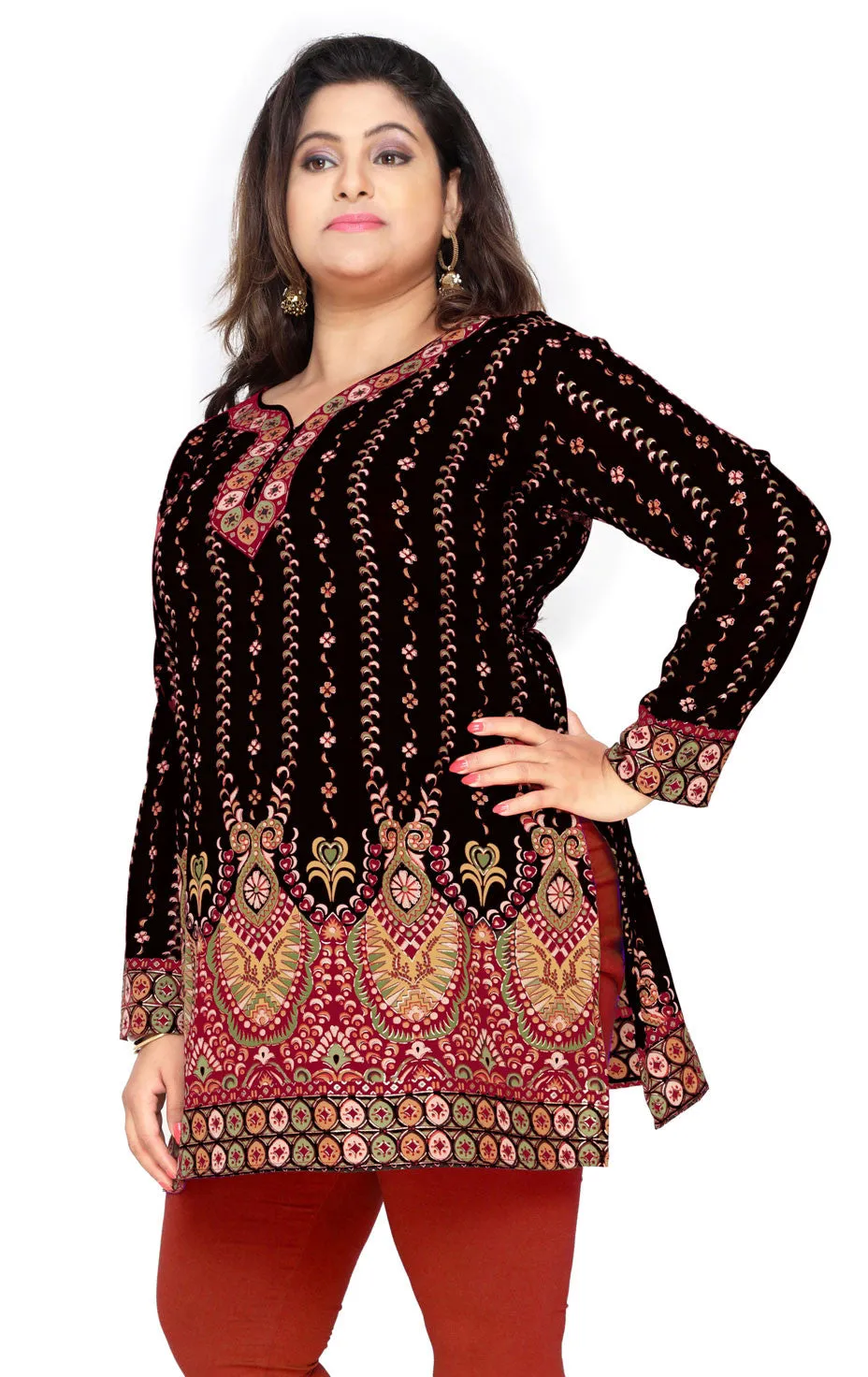 India Tunic Top Kurti Womens Printed Plus Size Indian Clothes (Black)