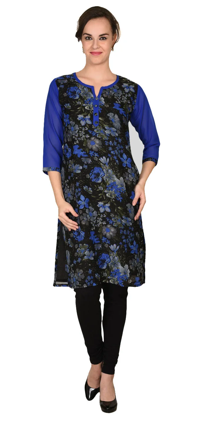 India Tunic Top Long Kurti Georgette Womens Printed Indian Clothing (Blue)