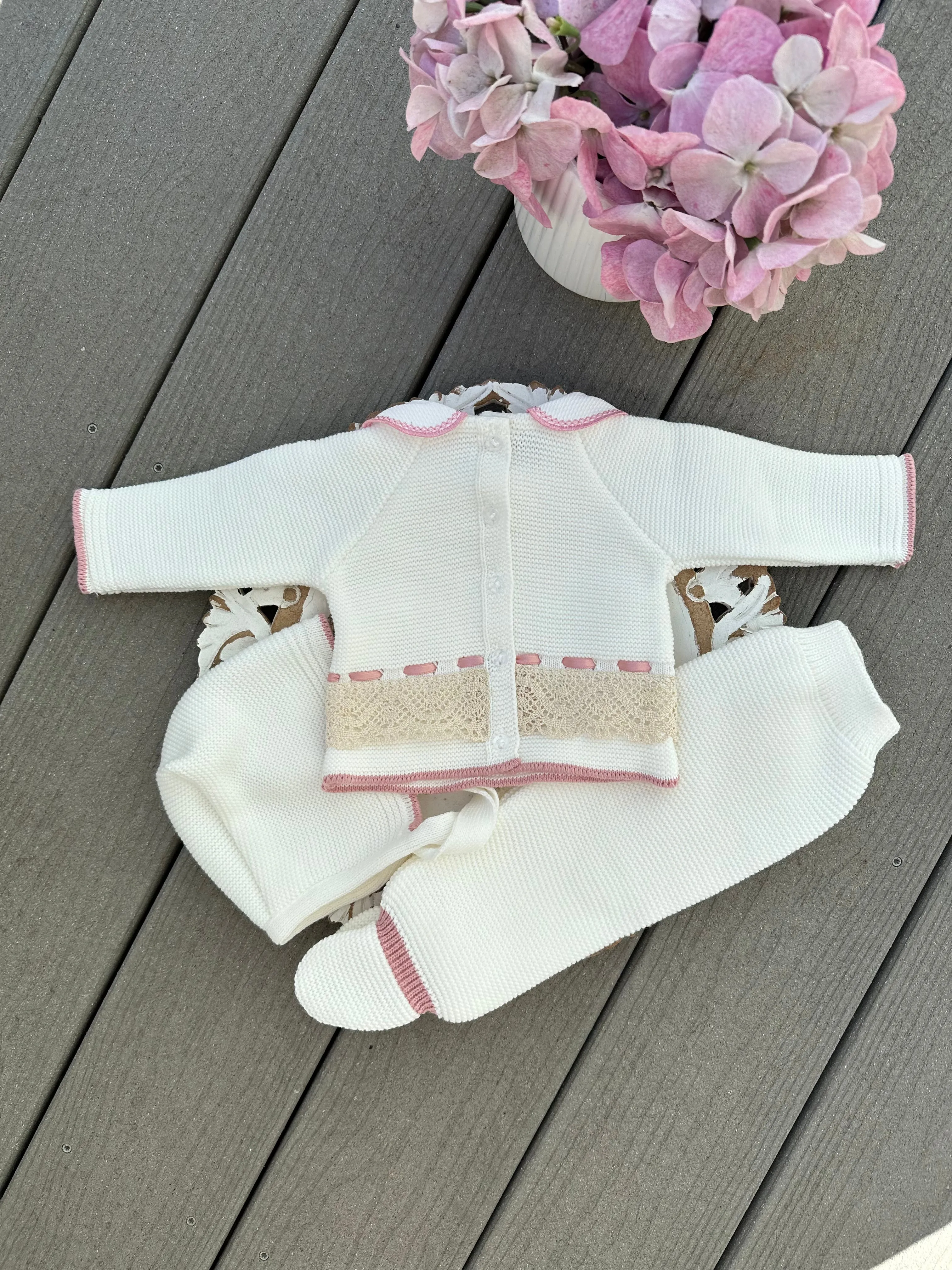 Ivory Baby Knitted Set With Lace Details In old Pink