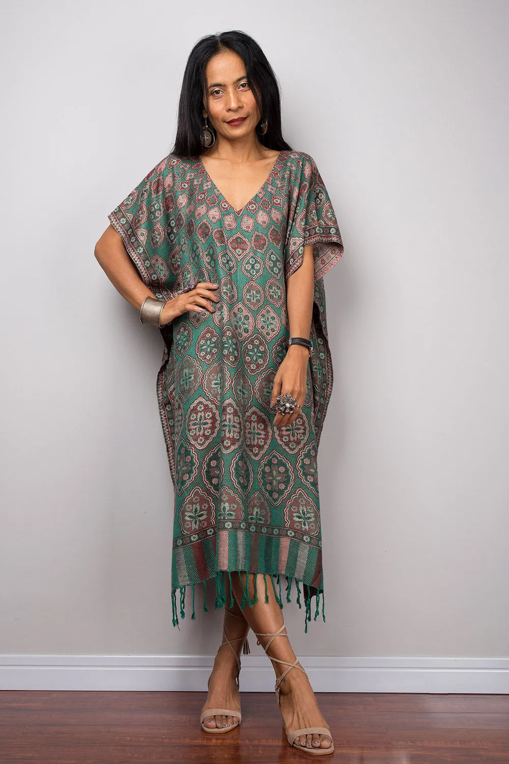 Kaftan, Women's Green Tunic, Short kaftan, Summer tunic, Boho dress, Beach wear, Midi kaftan