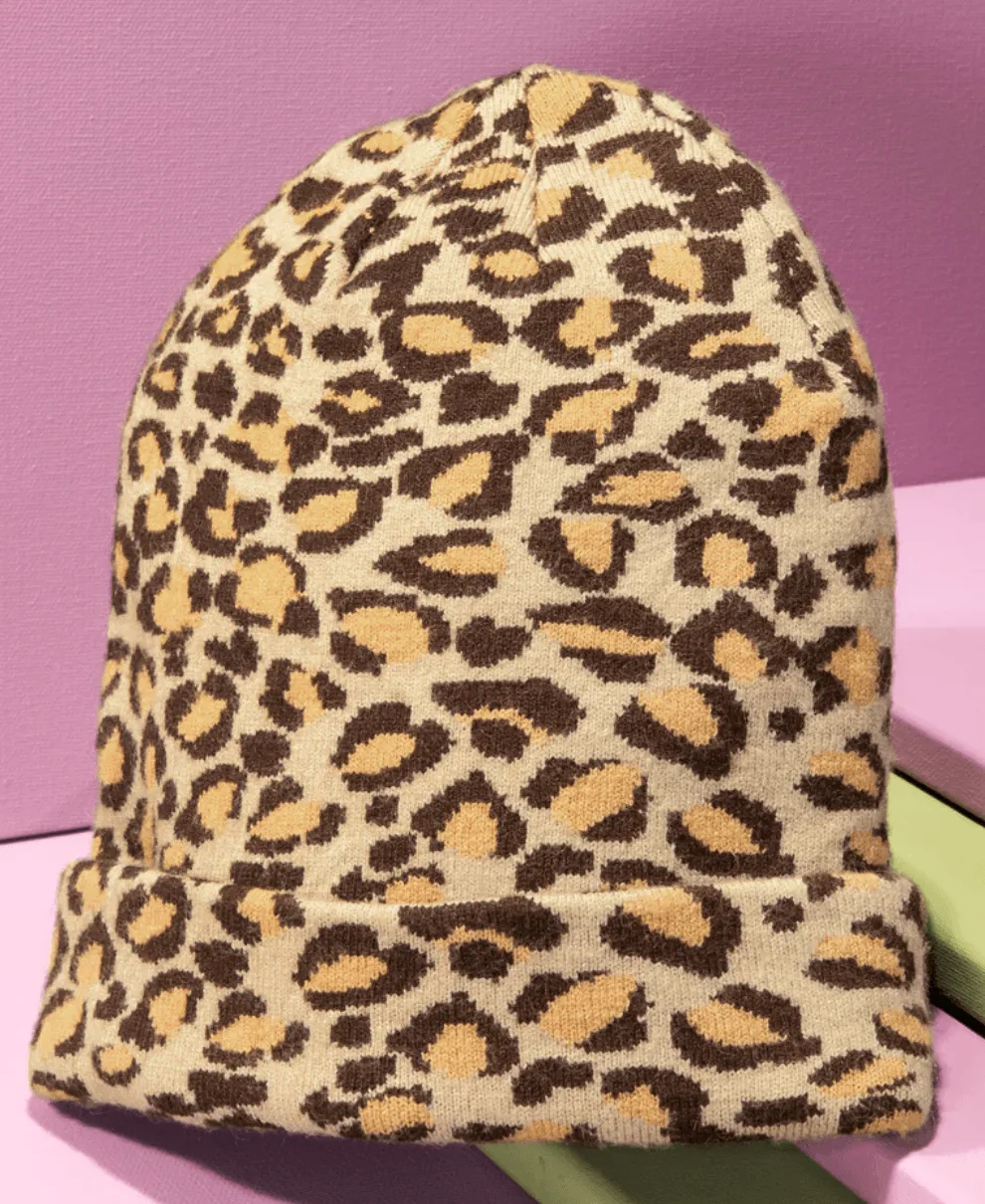 Leopard Print Knit Beanie Hat One Size 5022