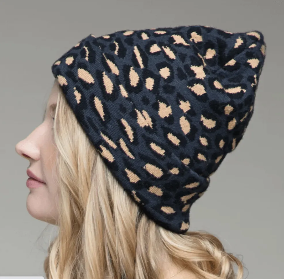 Leopard Print Knit Beanie Hat One Size 5022