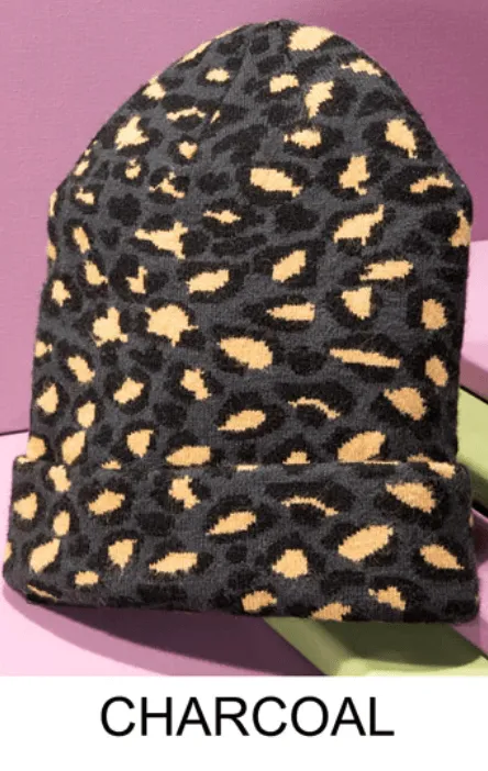 Leopard Print Knit Beanie Hat One Size 5022