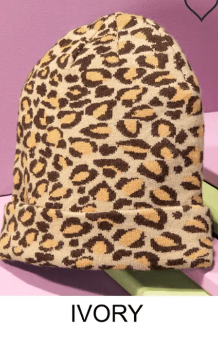 Leopard Print Knit Beanie Hat One Size 5022