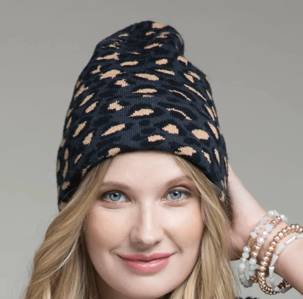 Leopard Print Knit Beanie Hat One Size 5022