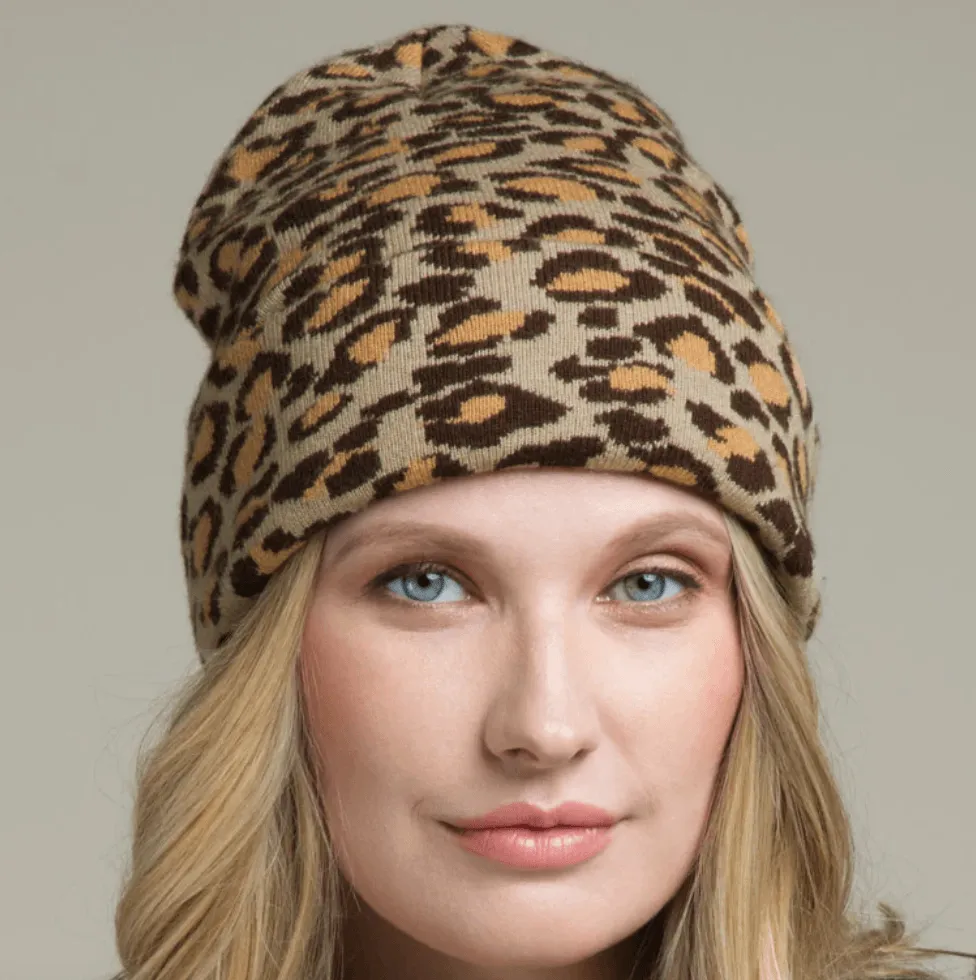 Leopard Print Knit Beanie Hat One Size 5022