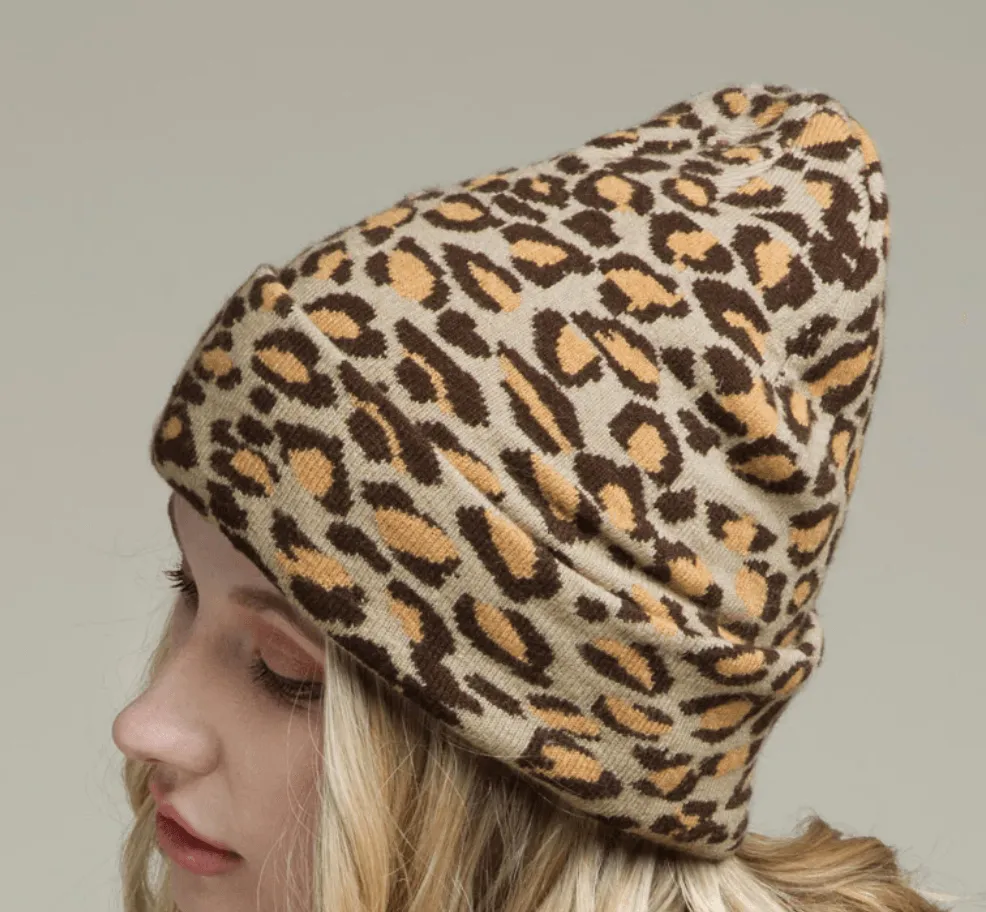 Leopard Print Knit Beanie Hat One Size 5022