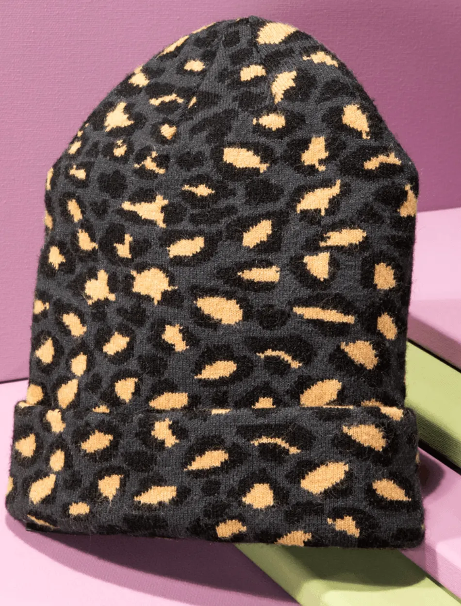 Leopard Print Knit Beanie Hat One Size 5022