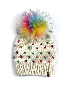 Little Rainbow Hearts Hand Knit Beanie Wool Blend Hat Rainbow Faux Fur Pom Womens Adult