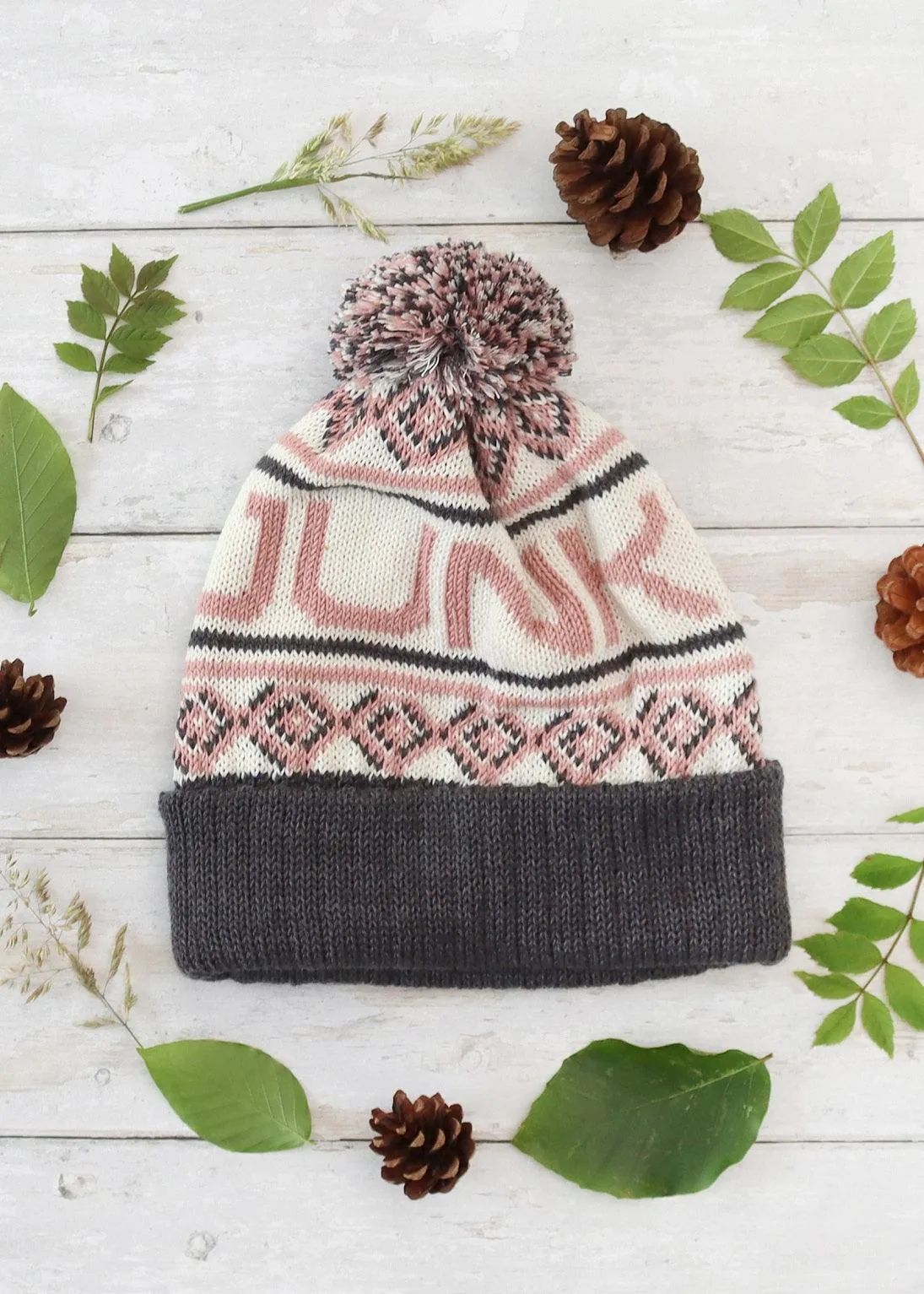 Logo Merino Bobble Hat in Rose & Charcoal