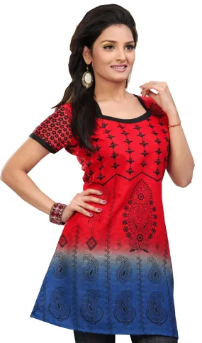 Long Kurti Top Tunic Womens Printed Blouse Cotton India Clothing (Red)