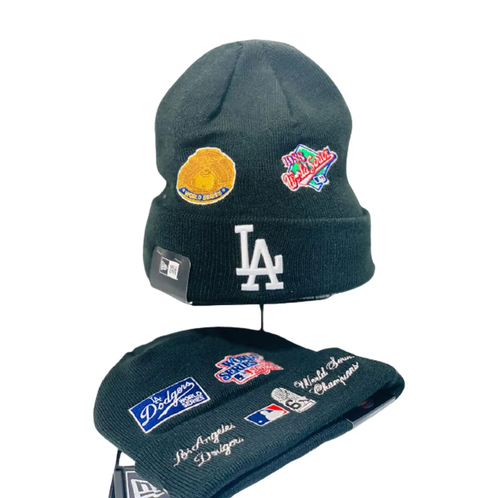 LOS ANGELES DODGERS  MULTI LOGO BLACK WINTER KNIT HAT