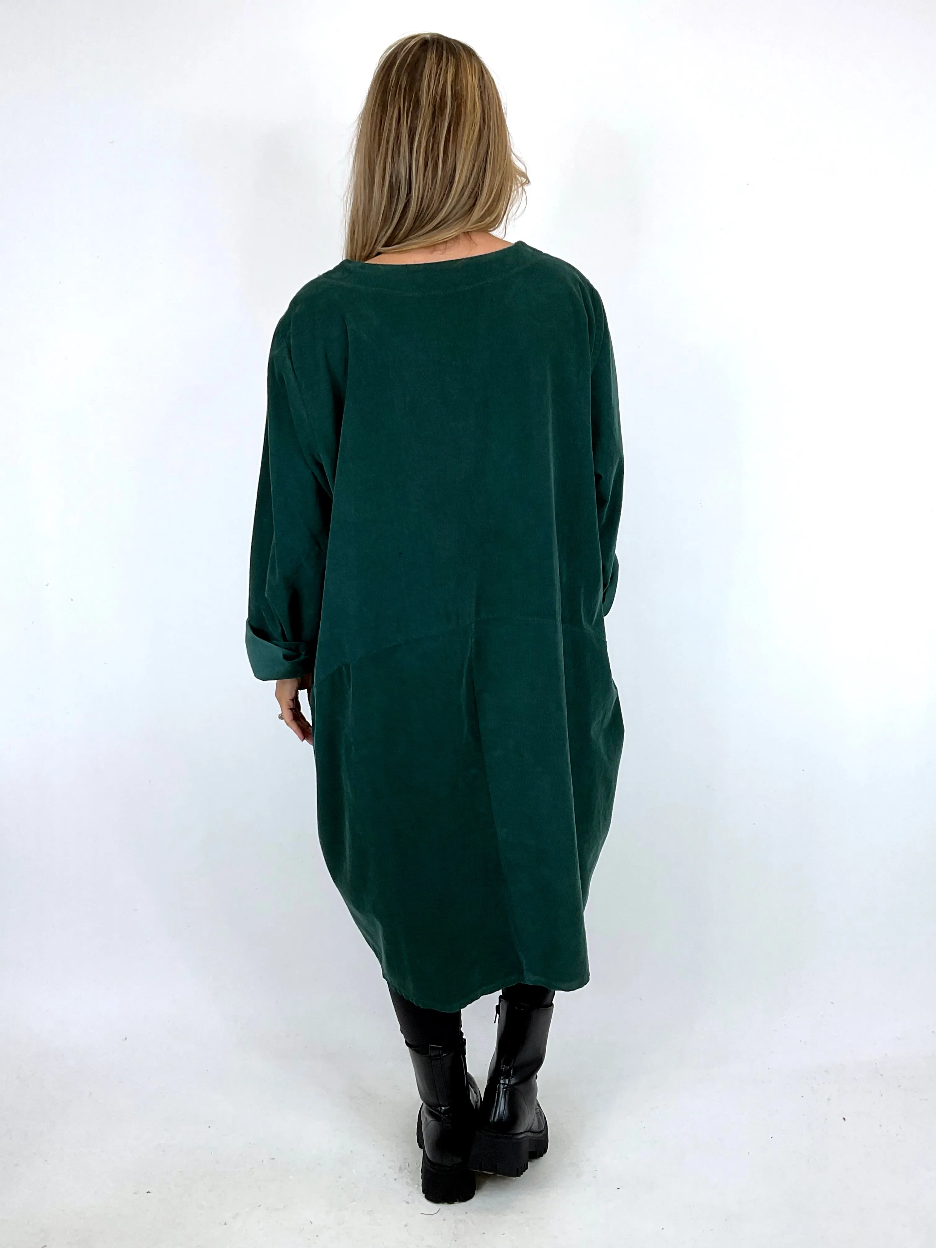 Made in Italy Lagenlook Rona Baby Cord Tunic in Bottle Green. code 90663