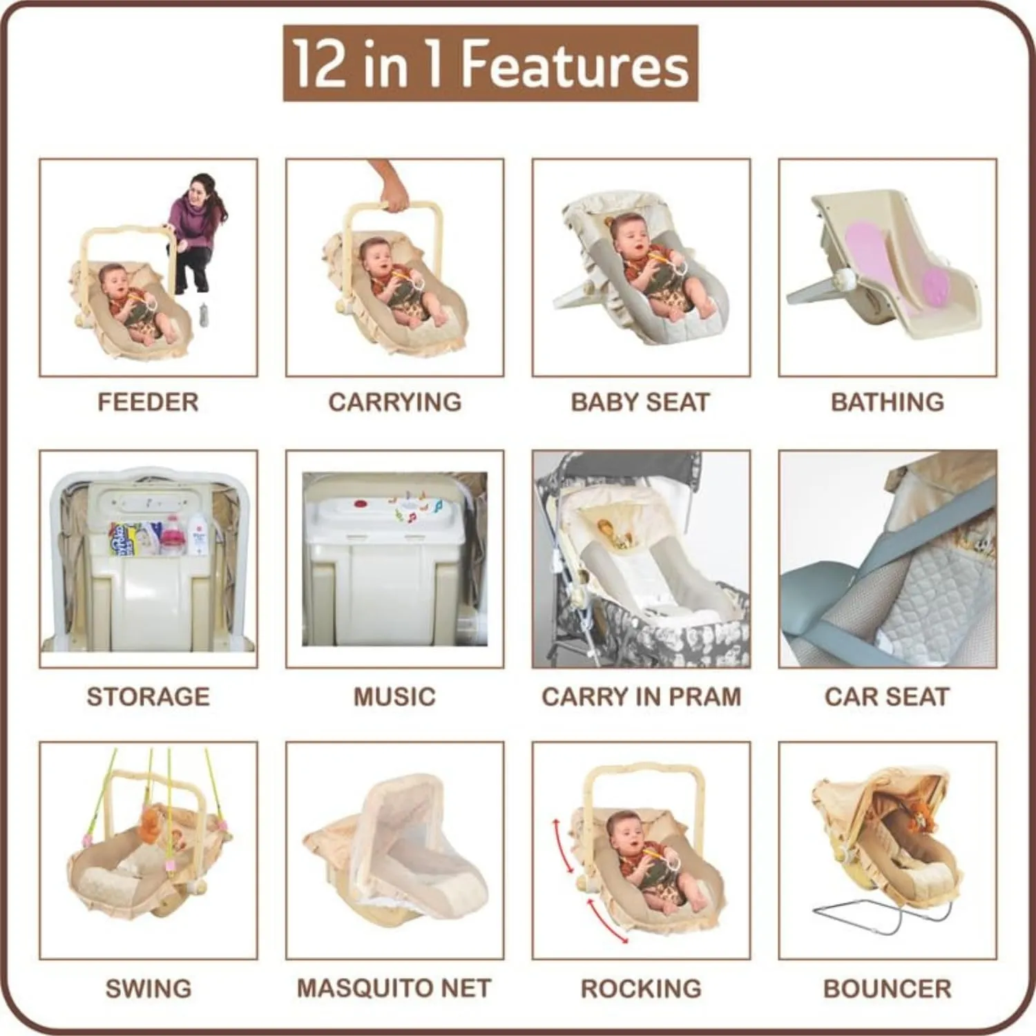 Mama Luv Mee 12 in 1 Musical Baby Feeding Swing Rocker Carry Cot Cum Bouncer with Mosquito Net, Storage Box and Swinging Ropes (Brown) (12 in 1), Canopy, Plastic