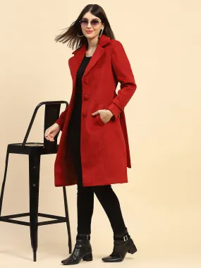 Maroon Solid Poly Blend Relaxed Fit Long Coat