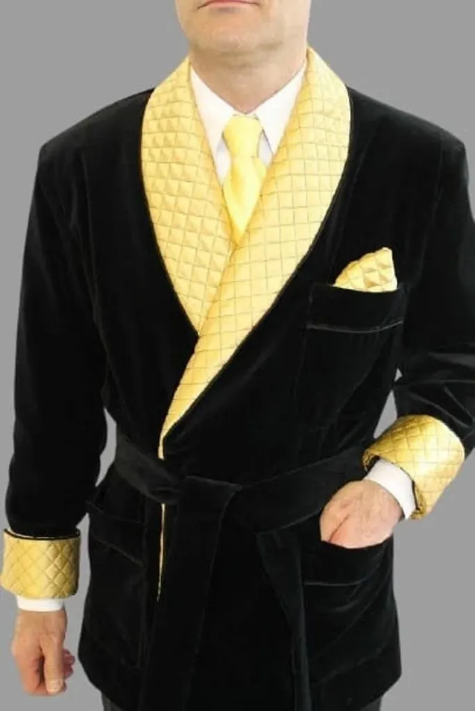 Men Smoking Winter Jacket Velvet Jacket Yellow Quilted Jacket Robe De Chambre - Black Cigar Jacket - Gift For Men